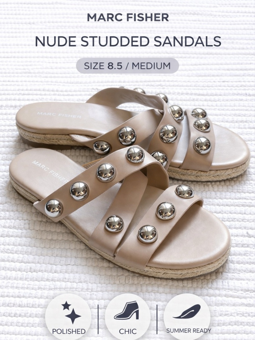 Marc Fisher Beige Studded Double-Strap Slide Sandals